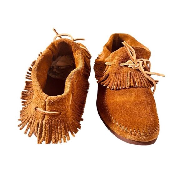 Vintage Fringe Leather Suede Retro Boho Hippie Tan Comfort Moccasins Shoes  6.5 - Picture 1 of 9